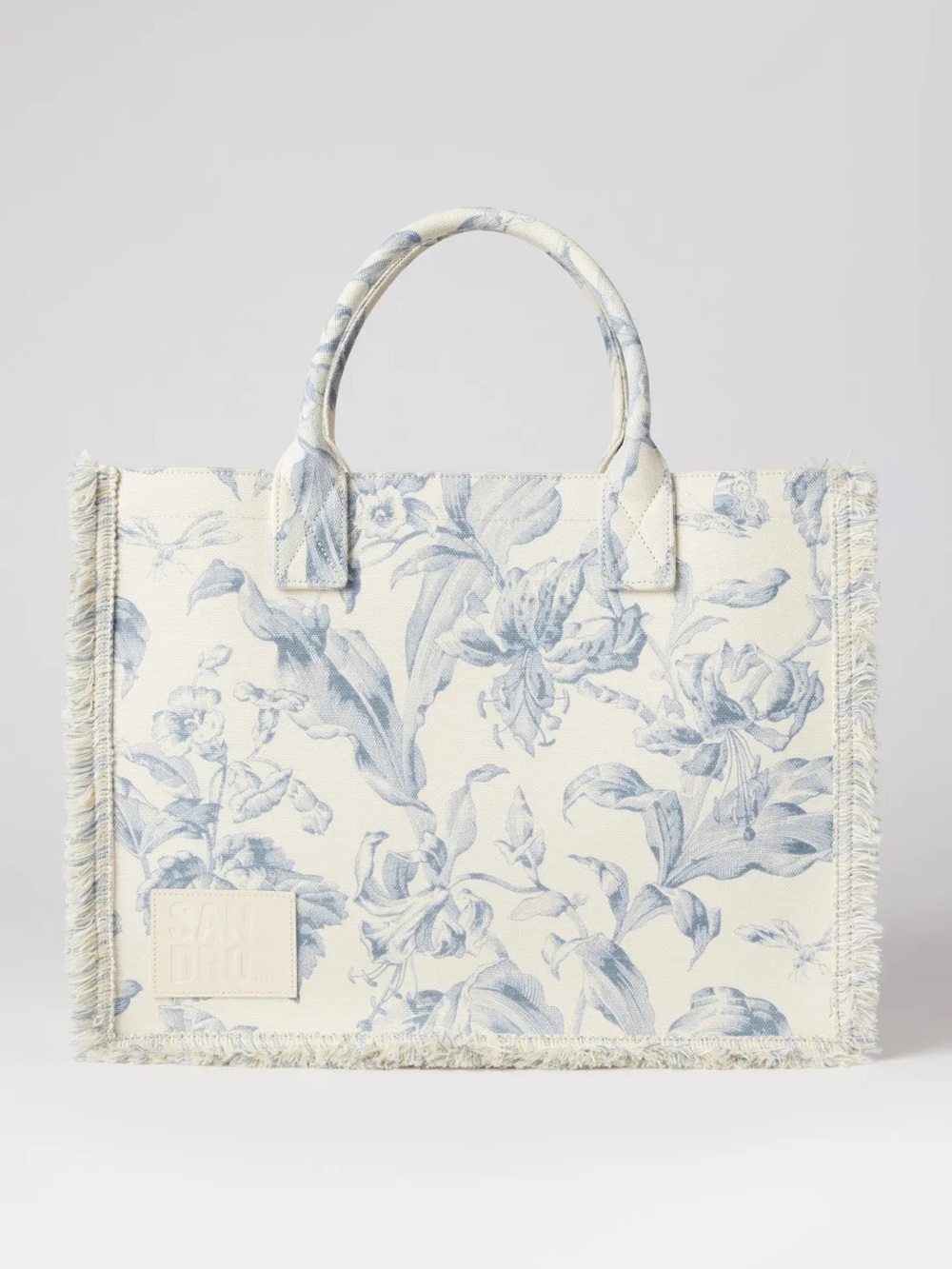 Sandro Cream and Light Blue Floral Canvas Tote
